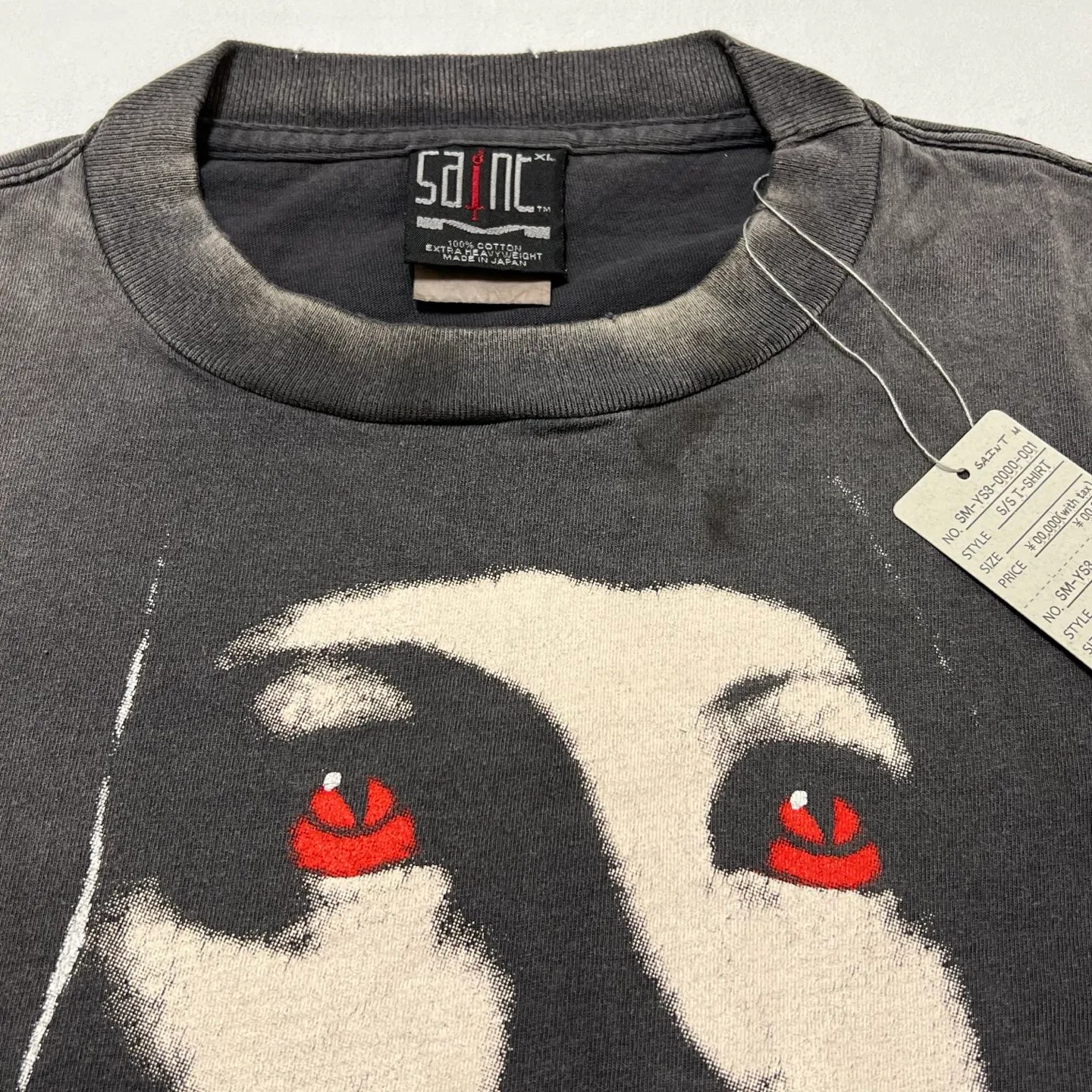 SAINT Mxxxxxx SS TEE/PSYCHOTIC SNT/BLK Gothic heavy metal rock style retro short-sleeved Mysterious woman's face printed distressed TEE Washed black S-XL Same as the original version Cylindrical side seam OE yarn fabric Garment dyeing Faded by heavy washing Bust plaster faded Correct version Matching of original accessories